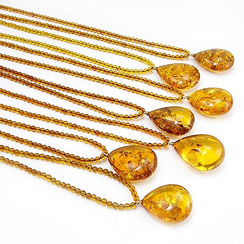 Cognac Amber Drop Pendant Beaded Necklace