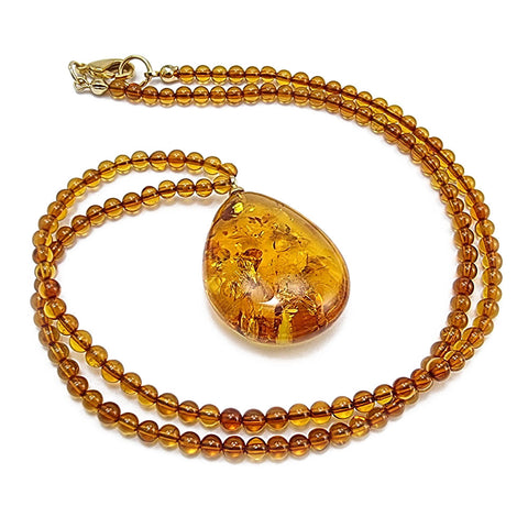 Cognac Amber Drop Pendant Beaded Necklace