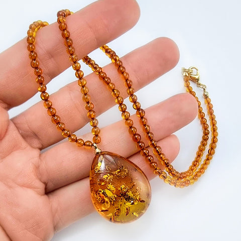 Cognac Amber Drop Pendant Beaded Necklace