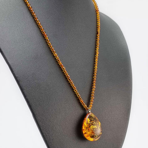 Cognac Amber Drop Pendant Beaded Necklace