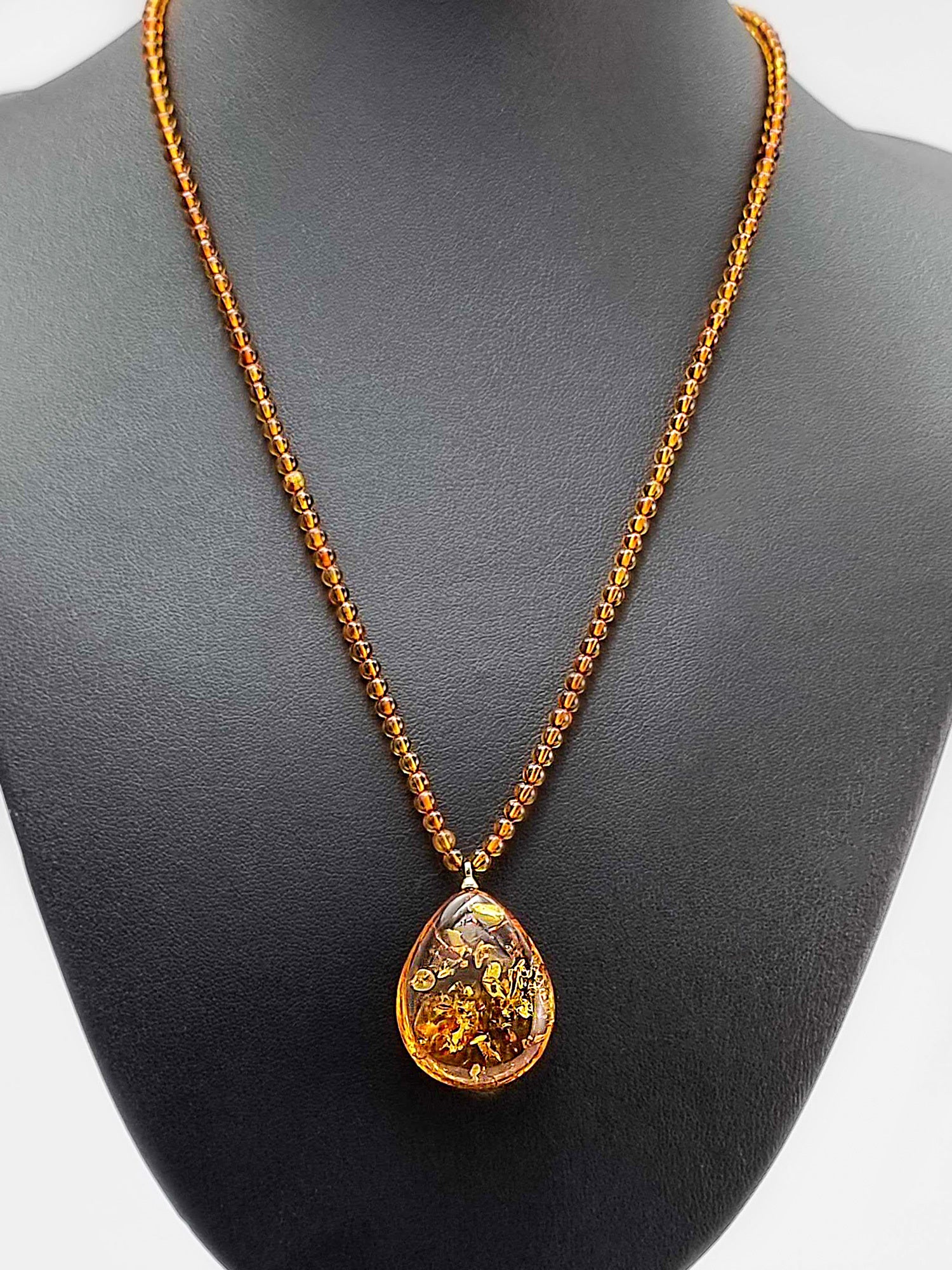 Cognac Amber Drop Pendant Beaded Necklace