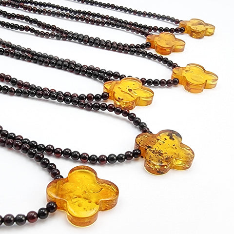 Cognac Amber Clover Pendant Beaded Necklace