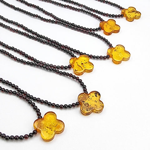 Cognac Amber Clover Pendant Beaded Necklace