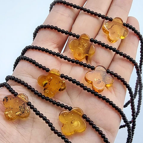 Cognac Amber Clover Pendant Beaded Necklace