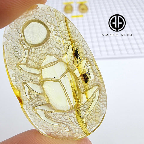 Natural Amber Carved Scarab Cabochon With Insects