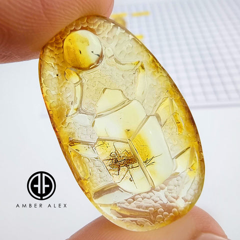 Natural Amber Carved Scarab Cabochon With Insects