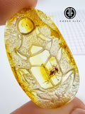 Natural Amber Carved Scarab Cabochon With Insects