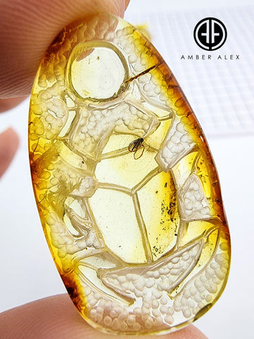 Natural Amber Carved Scarab Cabochon With Insects