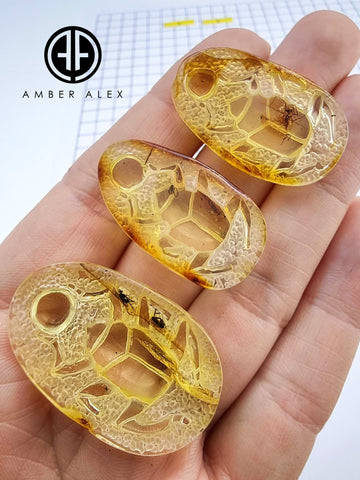 Natural Amber Carved Scarab Cabochon With Insects