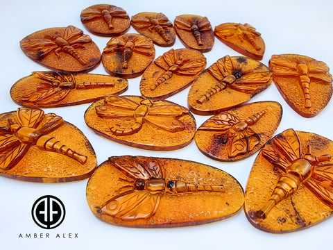 Cognac Amber Carved Dragonfly Cabochons