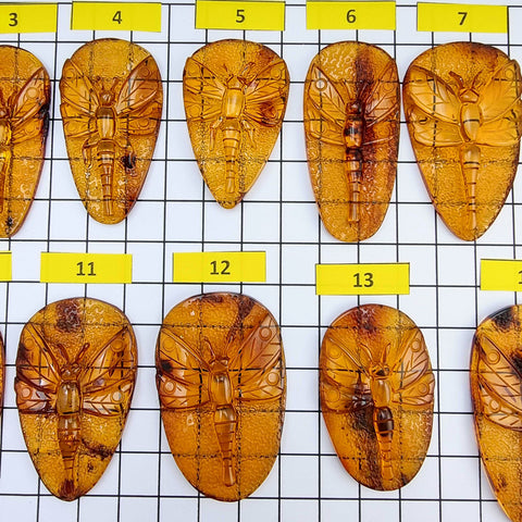 Cognac Amber Carved Dragonfly Cabochons