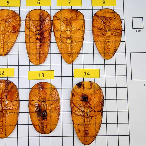 Cognac Amber Carved Dragonfly Cabochons