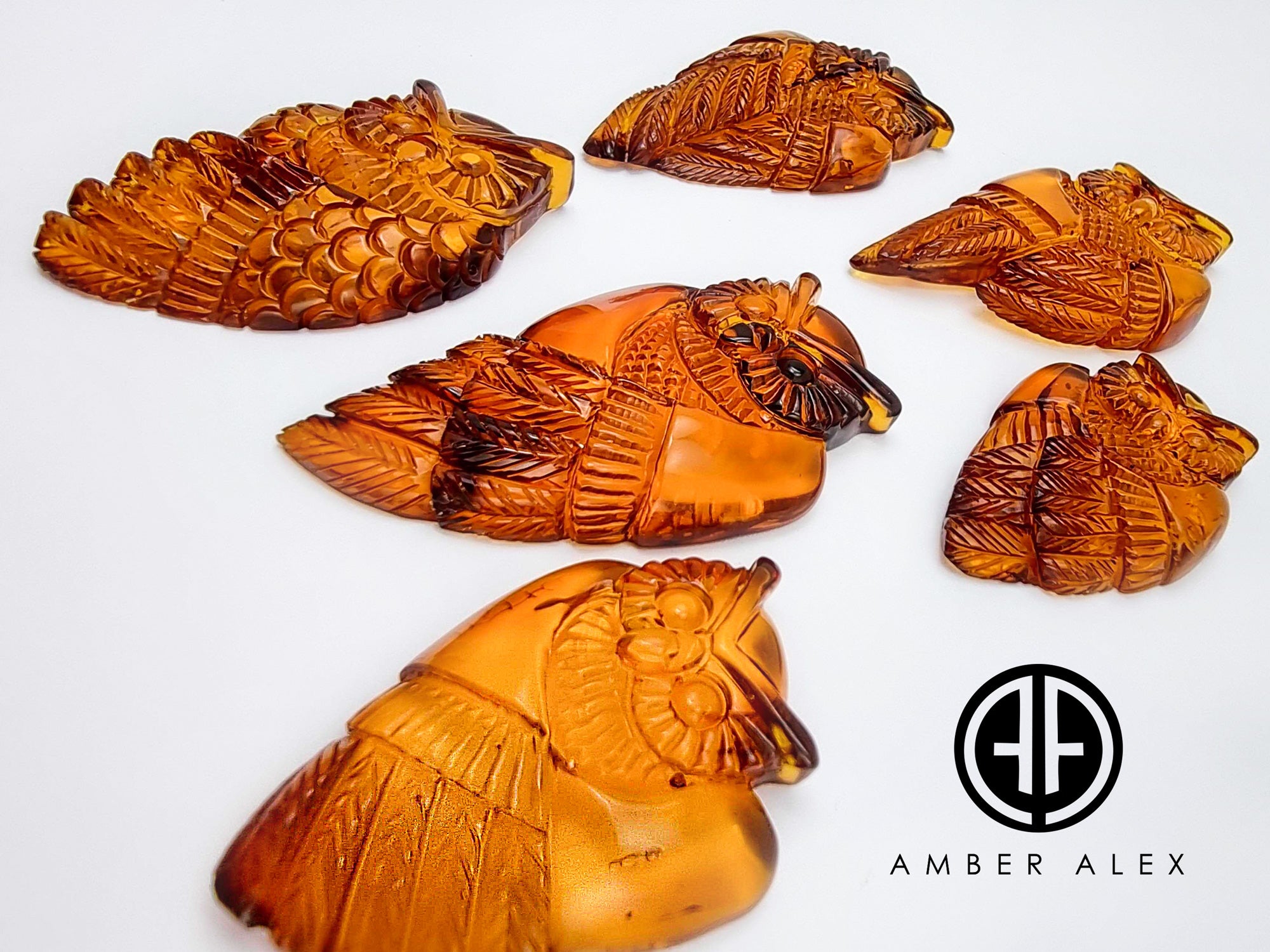 Cognac Amber Handmade Carved Owl Cabochons