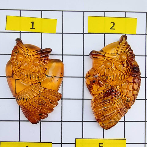 Cognac Amber Handmade Carved Owl Cabochons