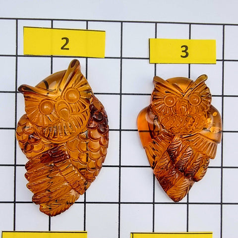 Cognac Amber Handmade Carved Owl Cabochons