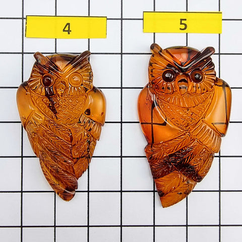 Cognac Amber Handmade Carved Owl Cabochons