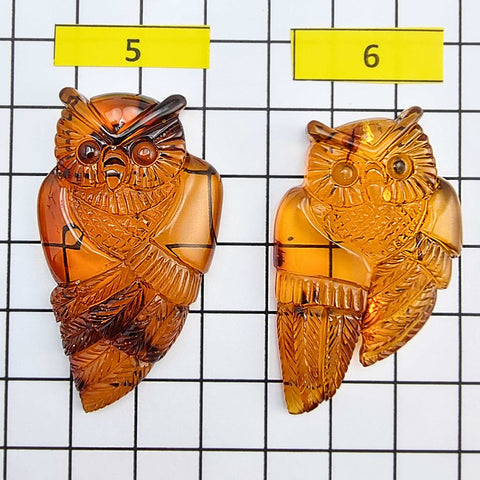 Cognac Amber Handmade Carved Owl Cabochons