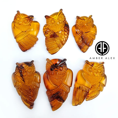 Cognac Amber Handmade Carved Owl Cabochons