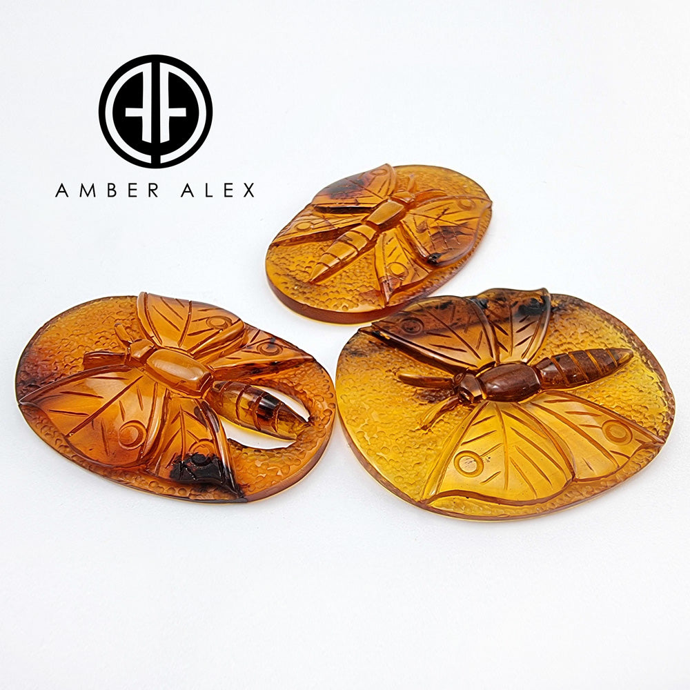 Cognac Amber Carved Butterfly Cabochons
