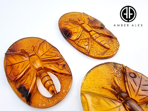 Cognac Amber Carved Butterfly Cabochons