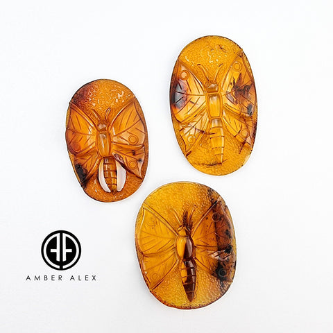 Cognac Amber Carved Butterfly Cabochons