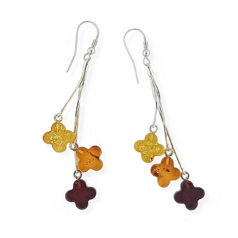 Multi-Color Amber Clover Dangle Earrings Sterling Silver