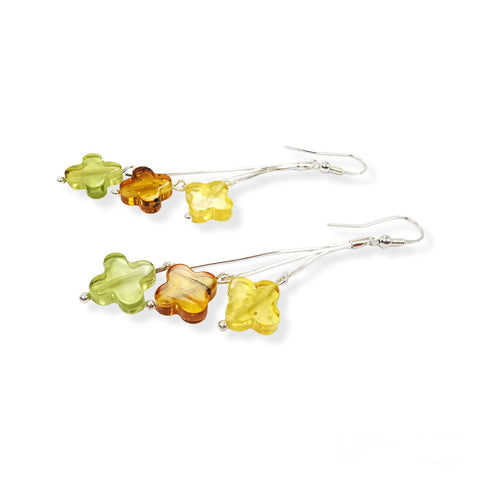 Multi-Color Amber Clover Dangle Earrings Sterling Silver