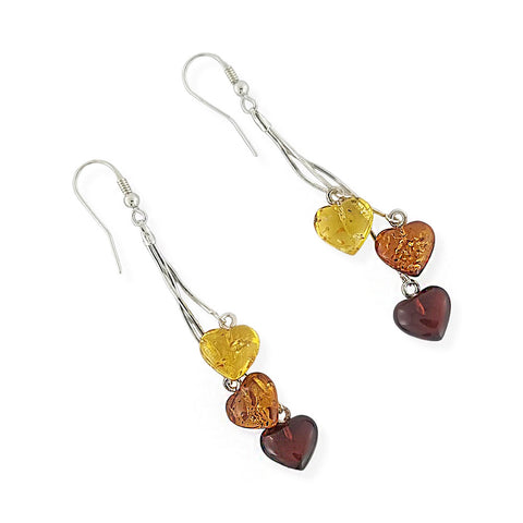 Multi-Color Amber Heart Dangle Earrings Sterling Silver