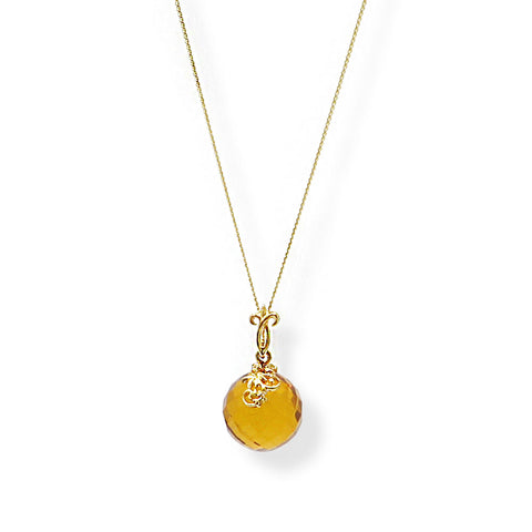 Cognac Amber Faceted Round Bead Pendant & Chain Necklace 14K Gold Plated