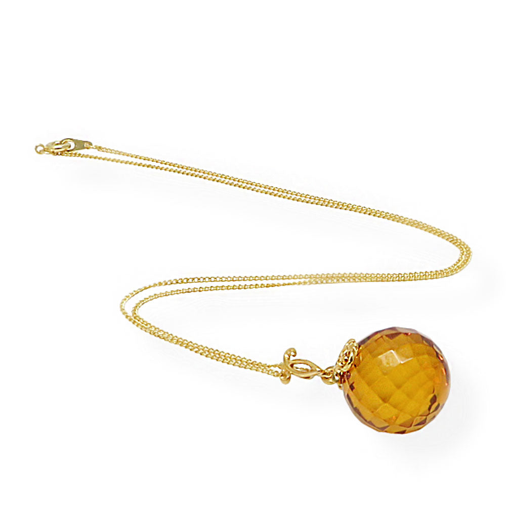 Cognac Amber Faceted Round Bead Pendant & Chain Necklace 14K Gold Plated