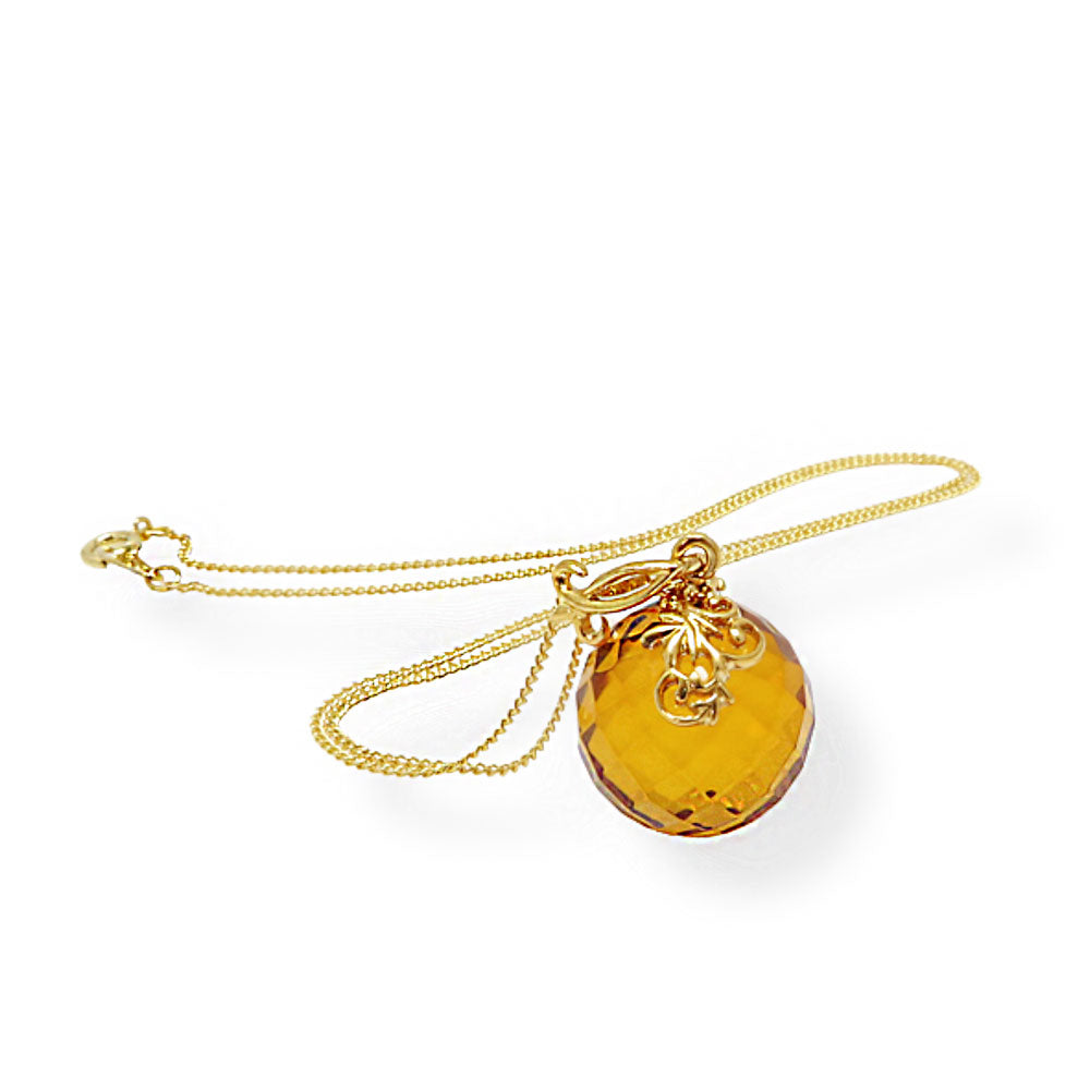 Cognac Amber Faceted Round Bead Pendant & Chain Necklace 14K Gold Plated