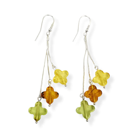 Multi-Color Amber Clover Dangle Earrings Sterling Silver