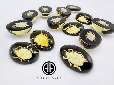 Cherry Amber Engraved Scarab Oval Shape Cabochons