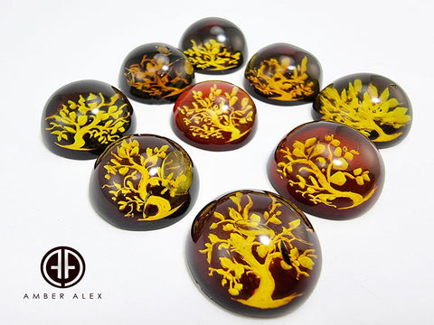 Cherry Amber Engraved Tree Round Shape Cabochon