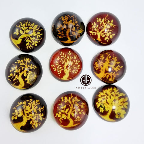 Cherry Amber Engraved Tree Round Shape Cabochon