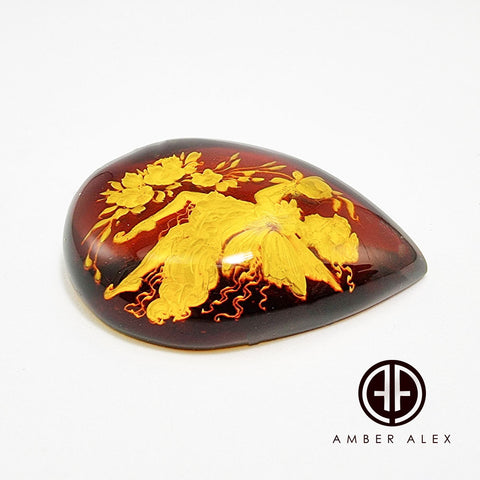 Cherry Amber Engraved Fairy Drop Shape Cabochon
