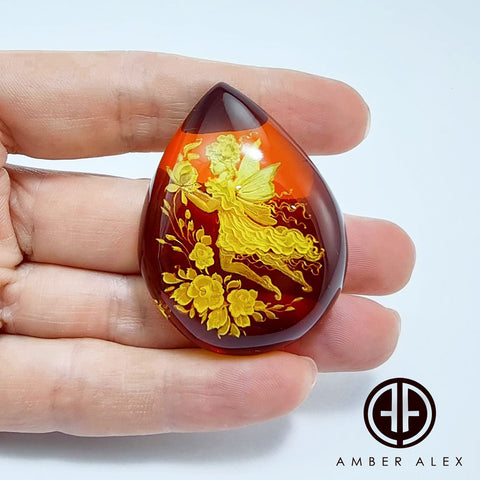 Cherry Amber Engraved Fairy Drop Shape Cabochon
