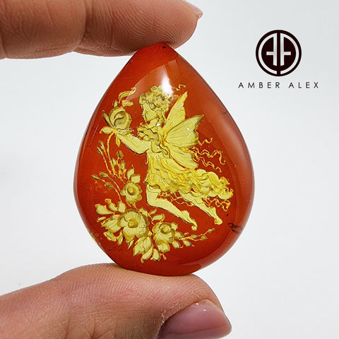 Cherry Amber Engraved Fairy Drop Shape Cabochon