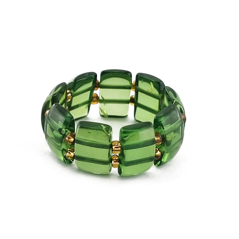 Green Amber Rectangular Bead Stretch Ring