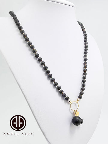 Black Amber Round Shape Pendant Beaded Necklace