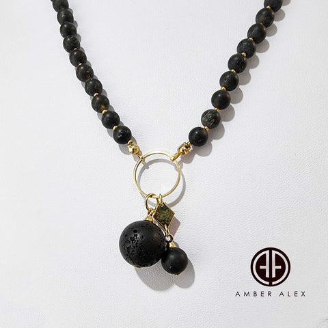 Black Amber Round Shape Pendant Beaded Necklace