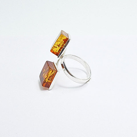 Cognac Amber Square Shape Adjustable Ring Sterling Silver