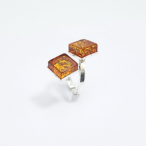 Cognac Amber Square Shape Adjustable Ring Sterling Silver