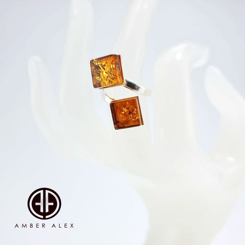 Cognac Amber Square Shape Adjustable Ring Sterling Silver