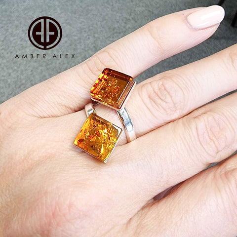 Cognac Amber Square Shape Adjustable Ring Sterling Silver