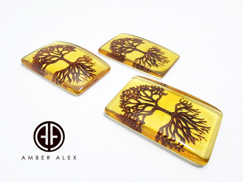 Cognac Amber Engraved Tree Rectangular Shape Cabochon