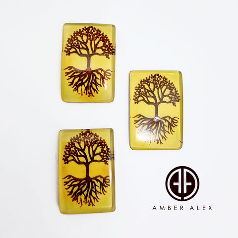 Cognac Amber Engraved Tree Rectangular Shape Cabochon