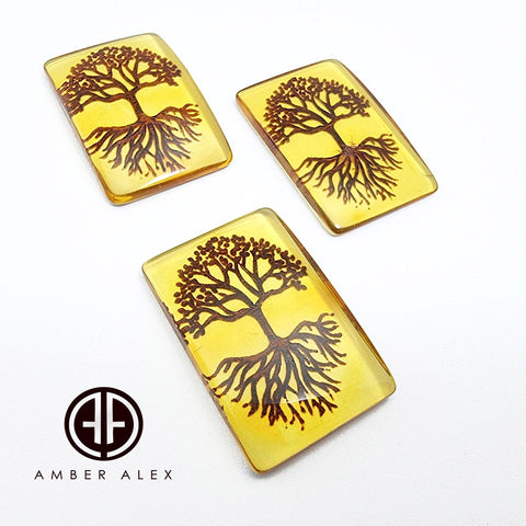 Cognac Amber Engraved Tree Rectangular Shape Cabochon