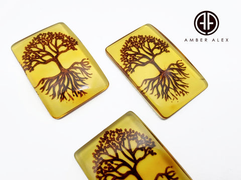 Cognac Amber Engraved Tree Rectangular Shape Cabochon