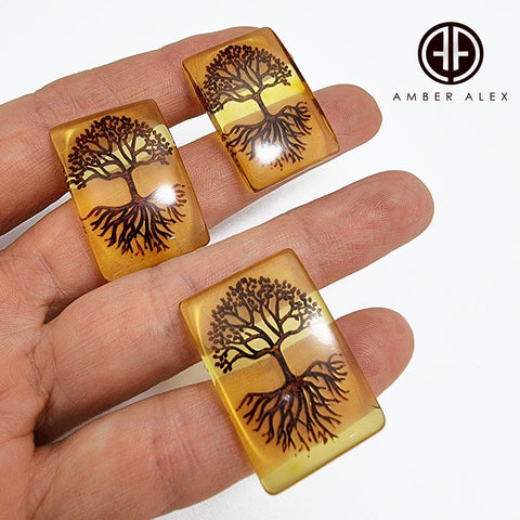 Cognac Amber Engraved Tree Rectangular Shape Cabochon